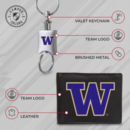 Washington State Cougars University Team Logo Mens Bi Fold Wallet and Unisex Valet Keychain Bundle - Black