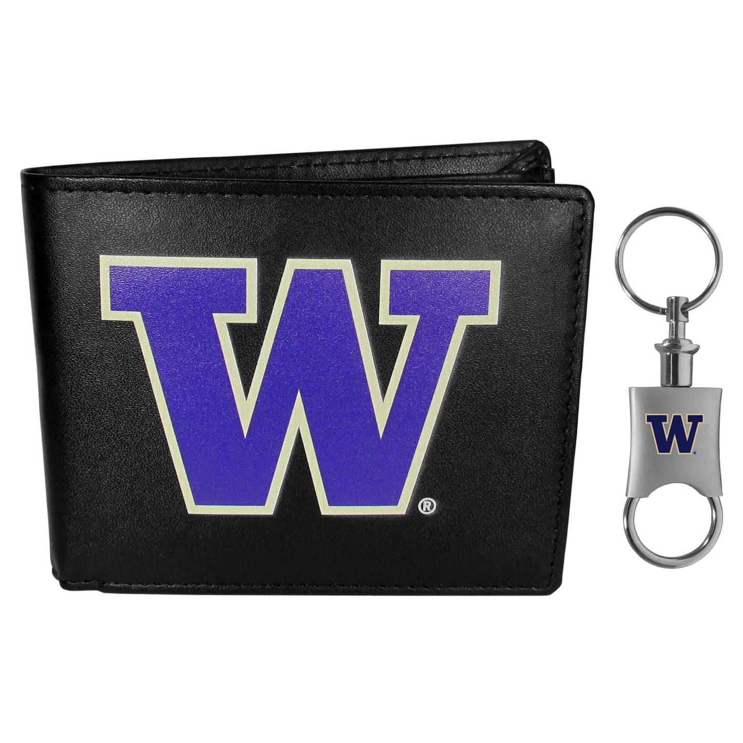 Washington State Cougars University Team Logo Mens Bi Fold Wallet and Unisex Valet Keychain Bundle - Black