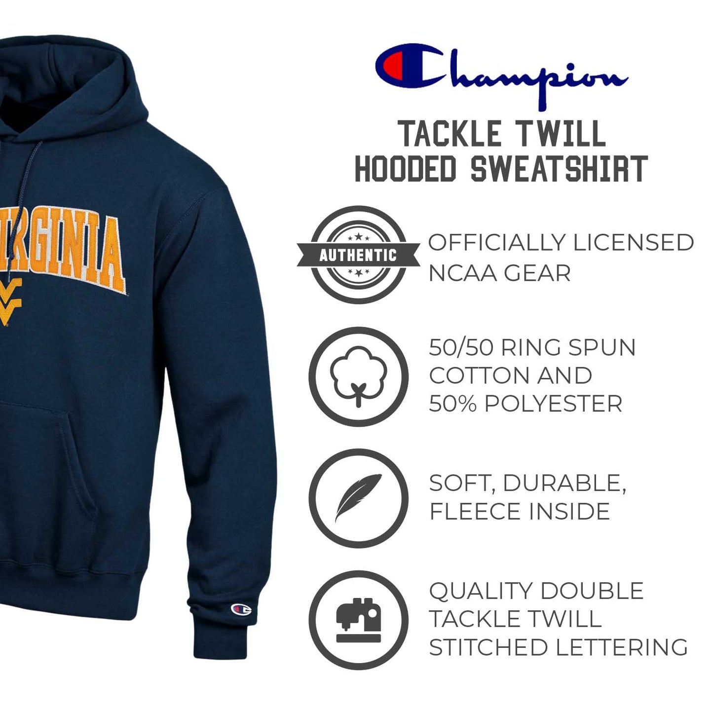 West Virginia Mountaineers Champion Adult Tackle Twill Hooded Sweatshirt - Navy