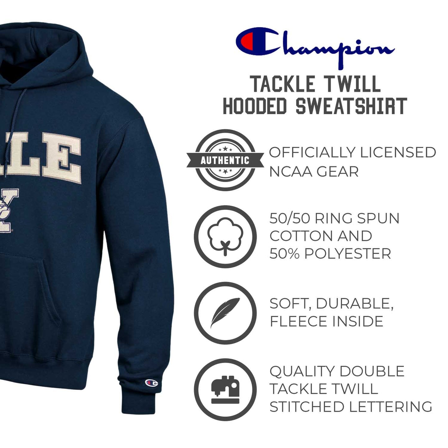 Yale Bulldogs Champion Adult Tackle Twill Hooded Sweatshirt - Navy